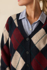 Never Beyond Reach Navy Argyle Button Up Cardigan