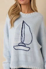 Set Your Course Light Blue Knit Embroidered Sailboat Sweater