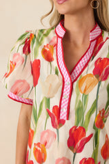 Bright Days Ahead Red Tulip Print Cotton Short Sleeve Mini Dress