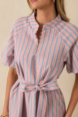 Elegantly In Route Pink & Blue Stripe Cotton Blend Belt Tie Midi Dress