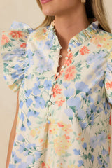 A Lovely Place to Be Ivory Multi Pastel Florals Flutter Sleeve Midi Dress