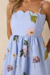 Promise in Bloom Blue Multi Floral Cotton Tie-Back Scalloped Midi Dress