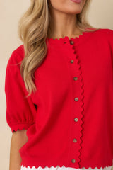 Simply So Cute Red Knit Scalloped Edge Puff Sleeve Button Up Cardigan