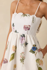Promise in Bloom White Multi Floral Cotton Tie-Back Scalloped Midi Dress