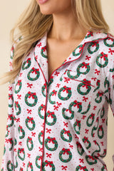 The Merriest Thing White Multi Wreath Long Sleeve Button Up Pajama Top