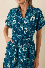 You'll See Soon Dark Teal Multi Floral Print Belted Midi Shirt Dress
