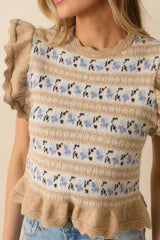 Sweet Meadow Taupe Multi Floral Knit Ruffled Cap Sleeve Top