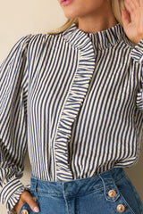 Neatly Noted Navy Blue Striped Seersucker Ruffle Blouse