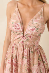 Totally in Love Beige & Pink Floral Deep V-Neck Midi Dress