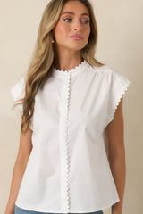 Oh, So Charming White Scalloped Trim Button Front Top