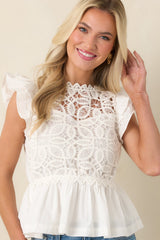 Sweetly Detailed Ivory Cotton Lace Peplum Top