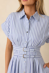 What's to Come Blue Stripe Belted Button Front Midi Dress