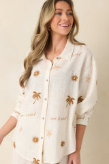 Driftwood Days Light Beige Cotton Coastal Embroidered Button Down Top