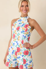 Just Too Cute Ivory Multi Floral Cotton Scallop Halter Romper