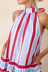 Made for Fireworks Red & Light Blue Stripe Cotton Halter Tiered Mini Dress