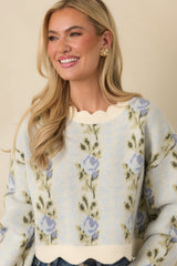Petal Promises Blue Floral Knit Scallop Edge Sweater