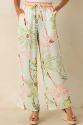 Palm Breeze Seafoam Green Palm Print Drawstring Pants