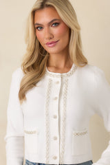 Without Question White Stretch Knit Beaded Cardigan Sweater