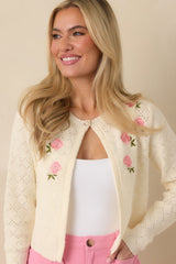 The Primrose Parlour Ivory Knit Pink Rose Embroidered Cardigan