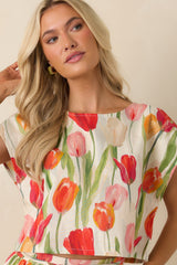 Garden District Ivory & Red Multi Linen Blend Floral Cropped Top