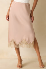 Just Call Me Later Dusty Pink Satin Lace Trim Midi Skirt