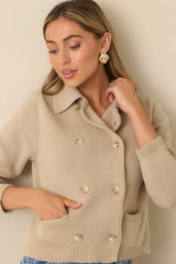 Well Kept Secrets Taupe Knit Cotton Double Breasted Cardigan