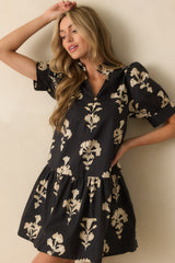 For Another Day Black Floral Print Cotton Puff Sleeve Mini Dress