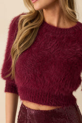 MINKPINK Alva Wine Purple Fluffy Knit Cropped Sweater
