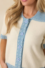 Clubhouse Chic Blue & Ivory Contrast Trim Button-Front Knit Polo Cardigan