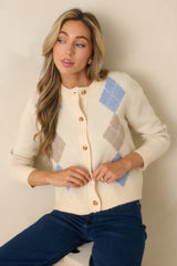 Goes Without Saying Natural Multi Knit Argyle Button Up Cardigan Sweater