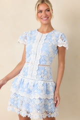 Tea with the Duchess Blue & Ivory Floral Lace Ruffle Hem Mini Dress