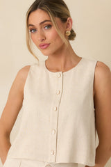 The Right Balance Natural Linen-Blend Sleeveless Button Up Top