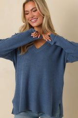 Cozy Afternoon Heather Blue V-Neck Sweater