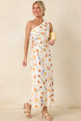 MINKPINK Carmen White Multi Fruit Print One Shoulder Maxi Dress