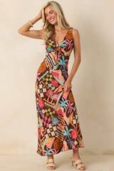 MINKPINK Isola Brown Multi Vintage Coastal Print Keyhole Midi Dress