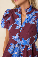 The Garden's Calling Wine & Cobalt Floral Cotton Eyelet Top