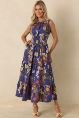 Let's Take a Ride Cobalt Blue Multi Cotton Floral Smocked Sleeveless Maxi Dress