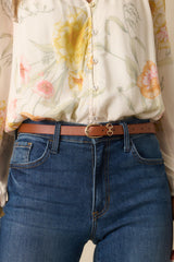 Here All Along Cognac Brown Faux Leather Horseshoe Buckle Belt
