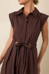 A Better Plan Brown Cotton Poplin Belted Midi Dress