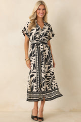 Riviera Evenings Black & Natural Botanical Print Midi Dress