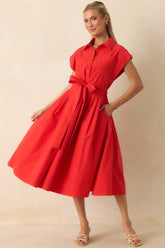 Prosperina Lana Cherry Red Cotton Button-Front Midi Dress