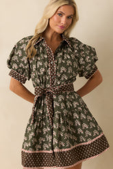 Nothing Forgotten Olive Green Multi Floral Print Cotton Mini Dress