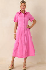 Make It Look Easy Pink Short Sleeve Midi Shirt Dress