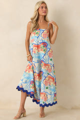 Passport to Paradise Coral Orange & Blue Poolside Print Maxi Dress