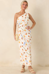 MINKPINK Carmen White Multi Fruit Print One Shoulder Maxi Dress