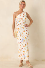 MINKPINK Carmen White Multi Fruit Print One Shoulder Maxi Dress