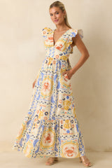 Prosperina Marjorie Multi Coastal Print V-Neck Maxi Dress