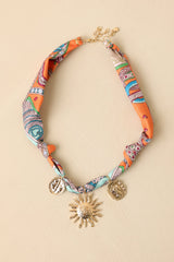 Sun Story Orange Multi Scarf Gold Charm Necklace
