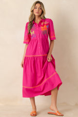 Island Glow Fuchsia Tropical Cotton Embroidered Tiered Midi Dress