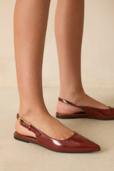 Take Notes Copper Brown Patent Faux Leather Pointed Toe Slingback Flats